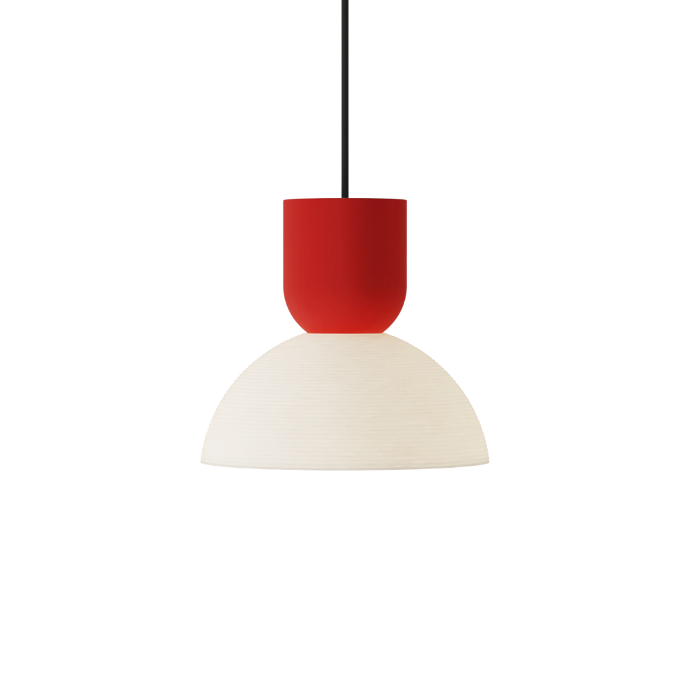 The poppy Buia Pendant Light from Gantri with the black cord.