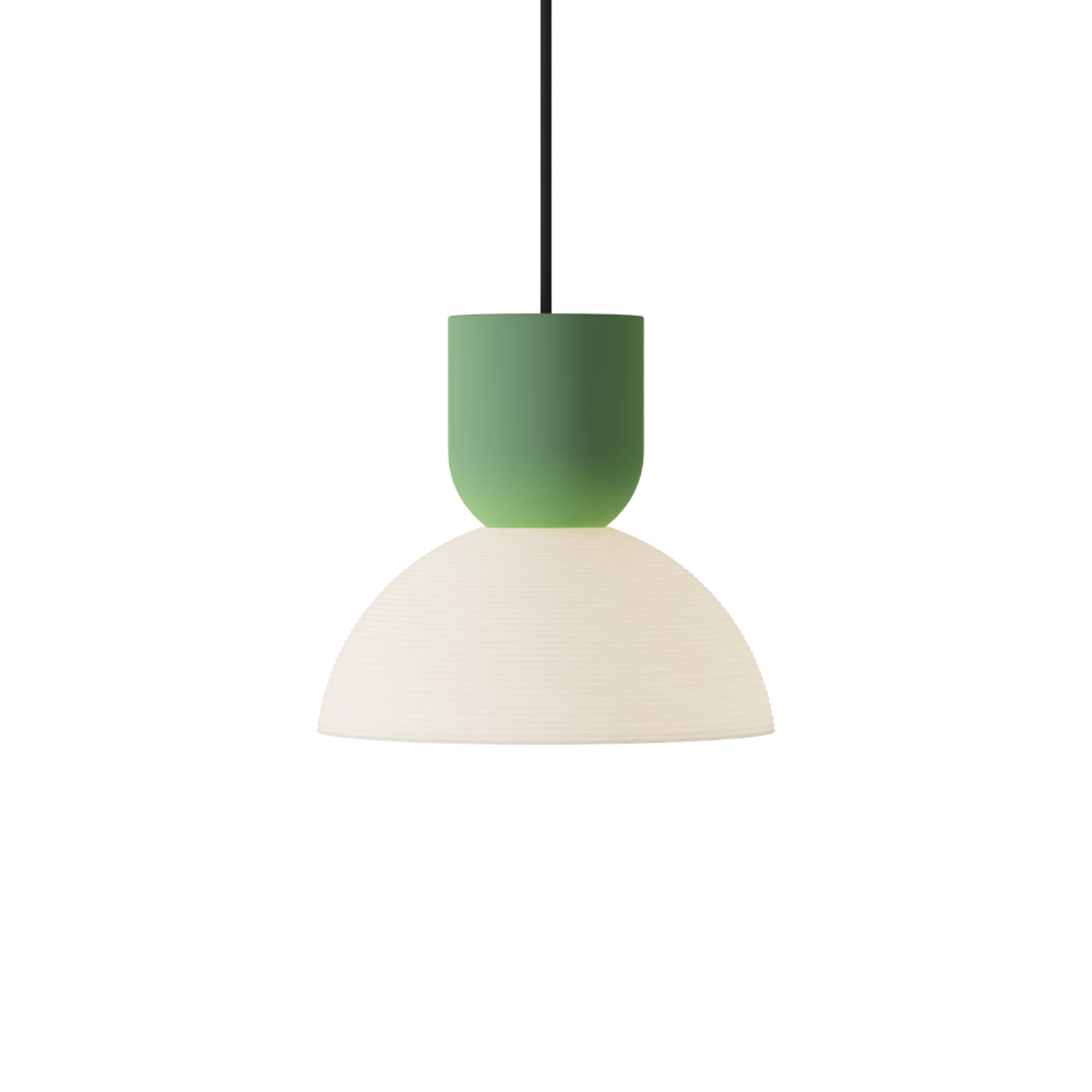 The sage Buia Pendant Light from Gantri with the black cord.