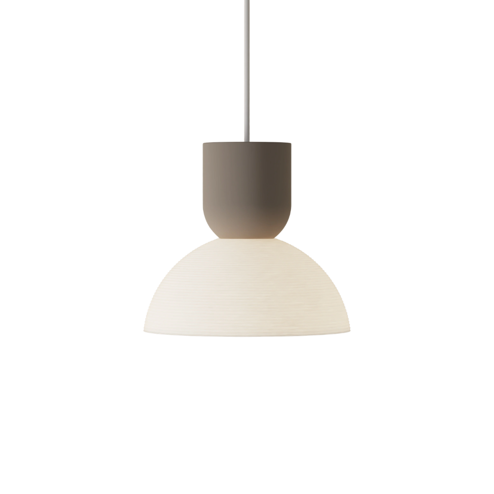 The smoke Buia Pendant Light from Gantri with the white cord.