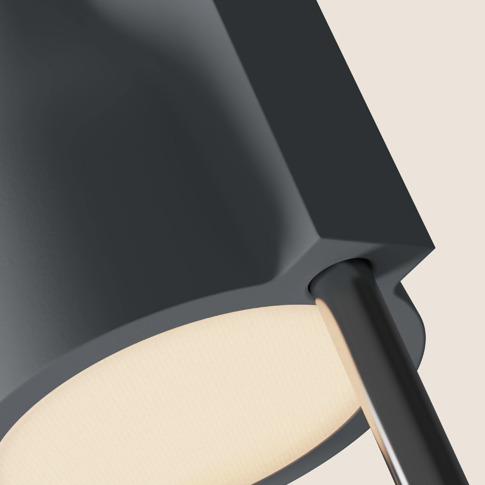 The fog Carve Floor Light from Gantri with the chrome rod option close up.