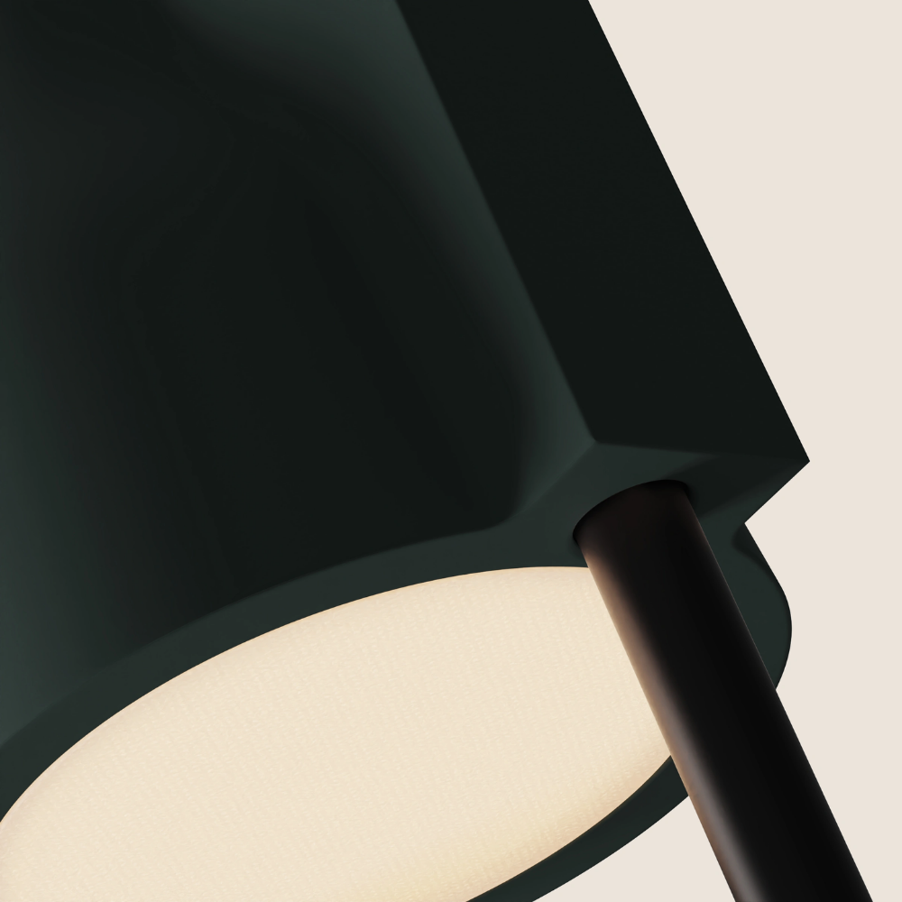 The forest Carve Floor Light from Gantri with the black rod option close up.
