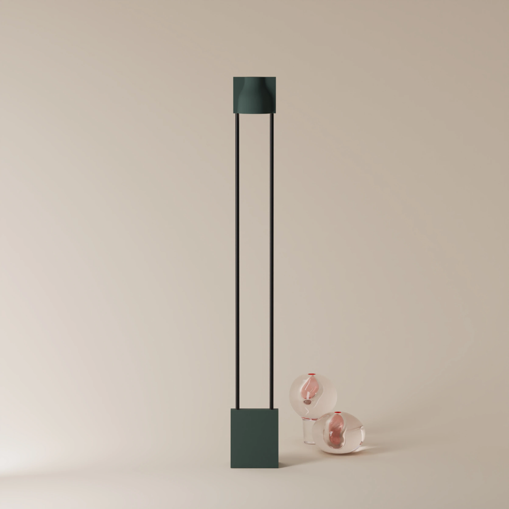 The forest Carve Floor Light from Gantri with the black rod option.