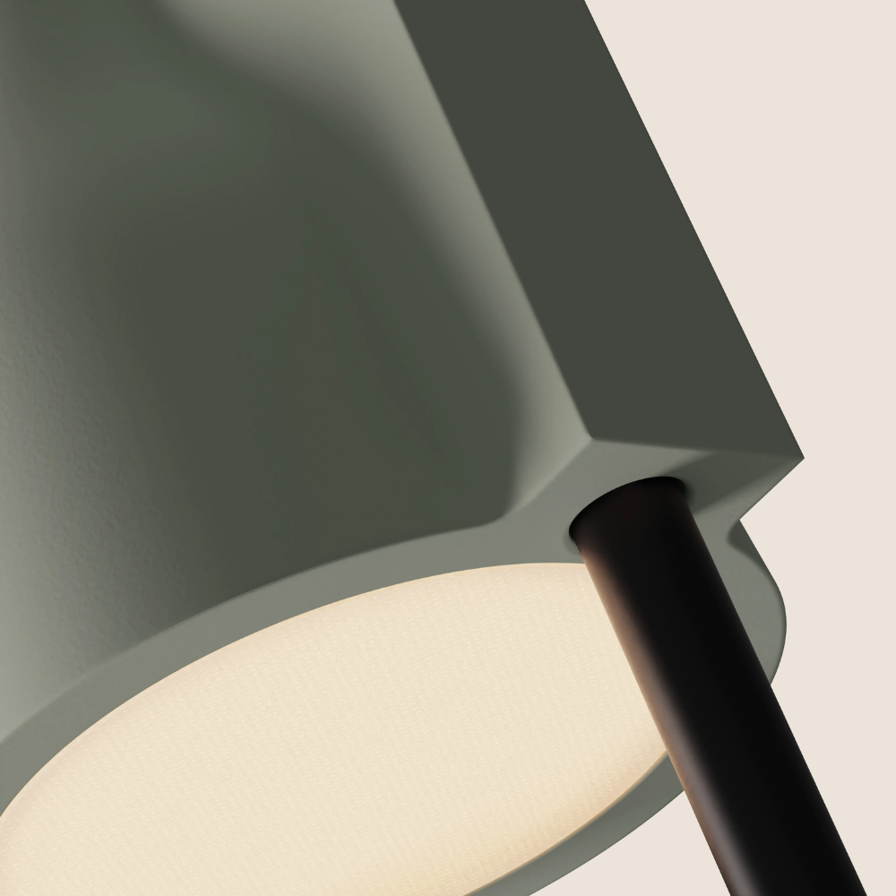 The meadow Carve Floor Light from Gantri with the black rod option close up.