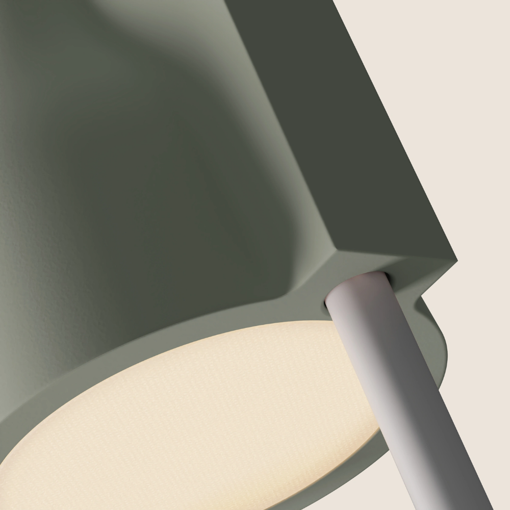 The meadow Carve Floor Light from Gantri with the white rod option close up.