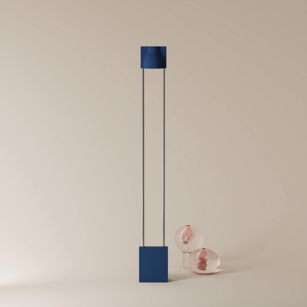 The midnight Carve Floor Light from Gantri with the chrome rod option.