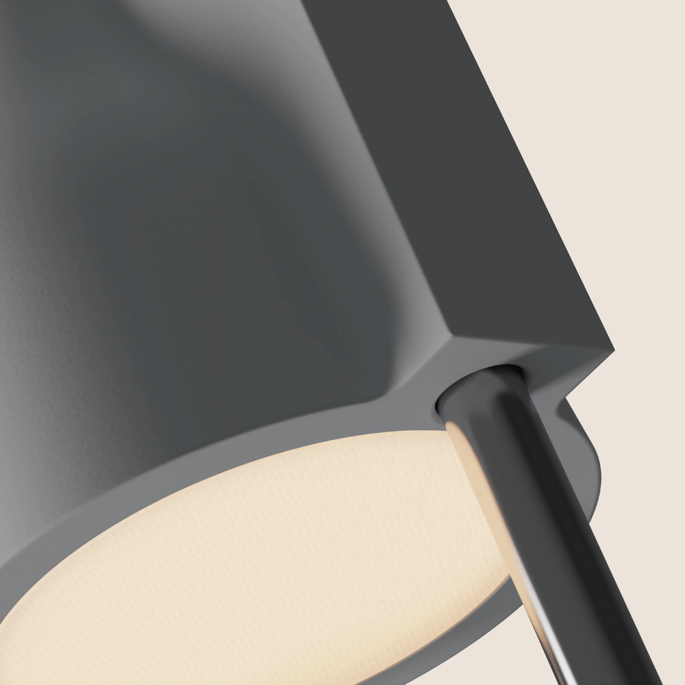 The mist Carve Floor Light from Gantri with the chrome rod option close up.