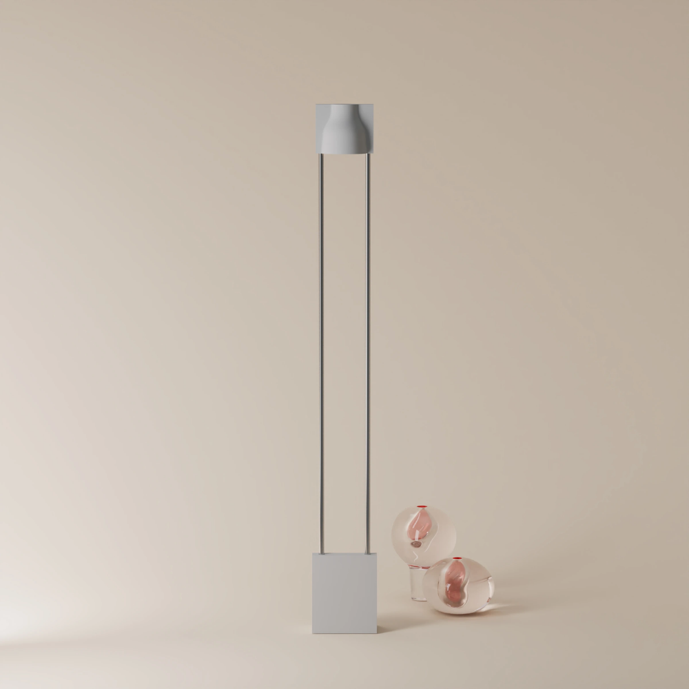 The mist Carve Floor Light from Gantri with the chrome rod option.