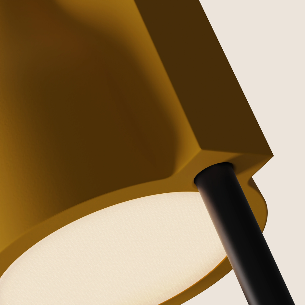 The mustard Carve Floor Light from Gantri with the black rod option close up.