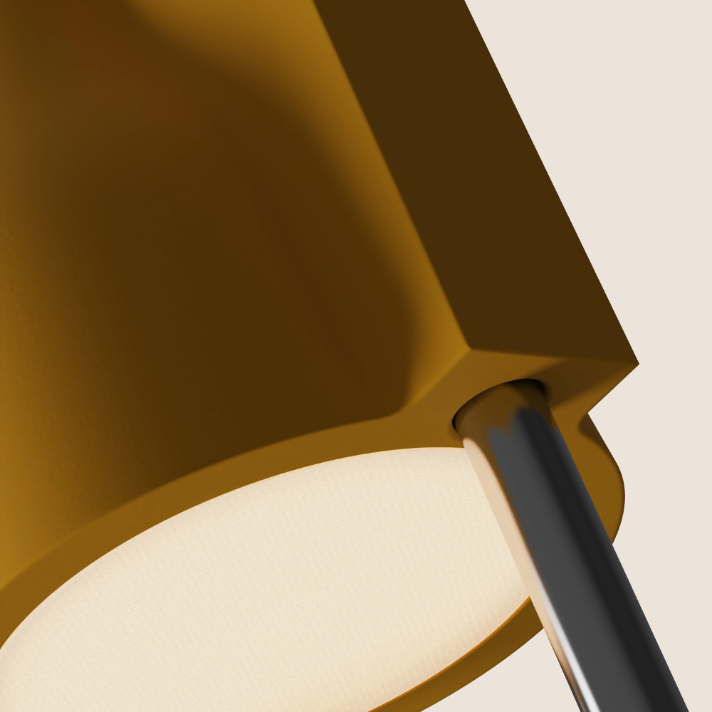 The mustard Carve Floor Light from Gantri with the chrome rod option close up.