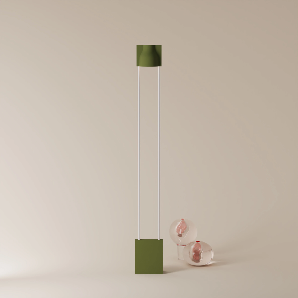 The olive Carve Floor Light from Gantri with the white rod option.