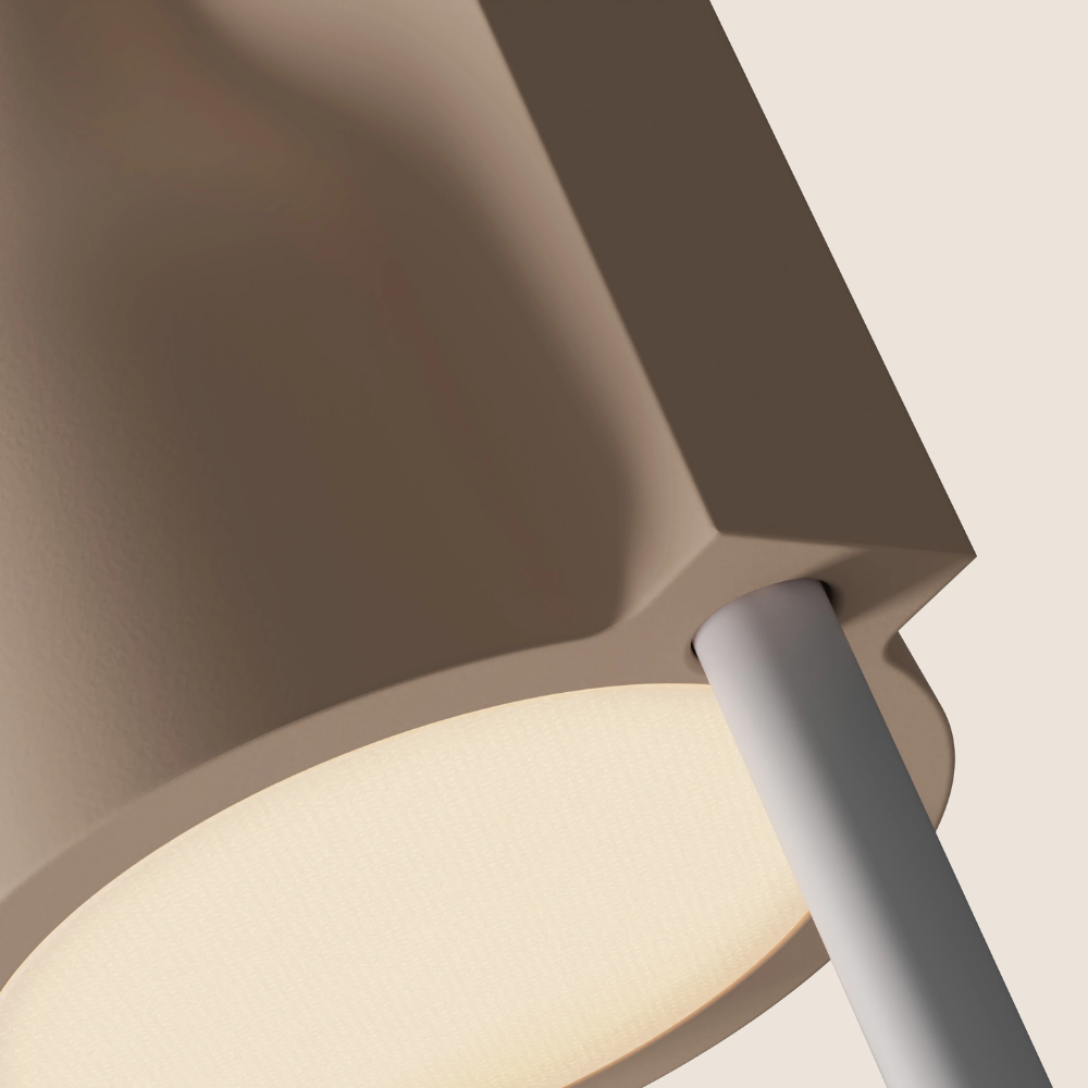 The peach Carve Floor Light from Gantri with the white rod option close up.