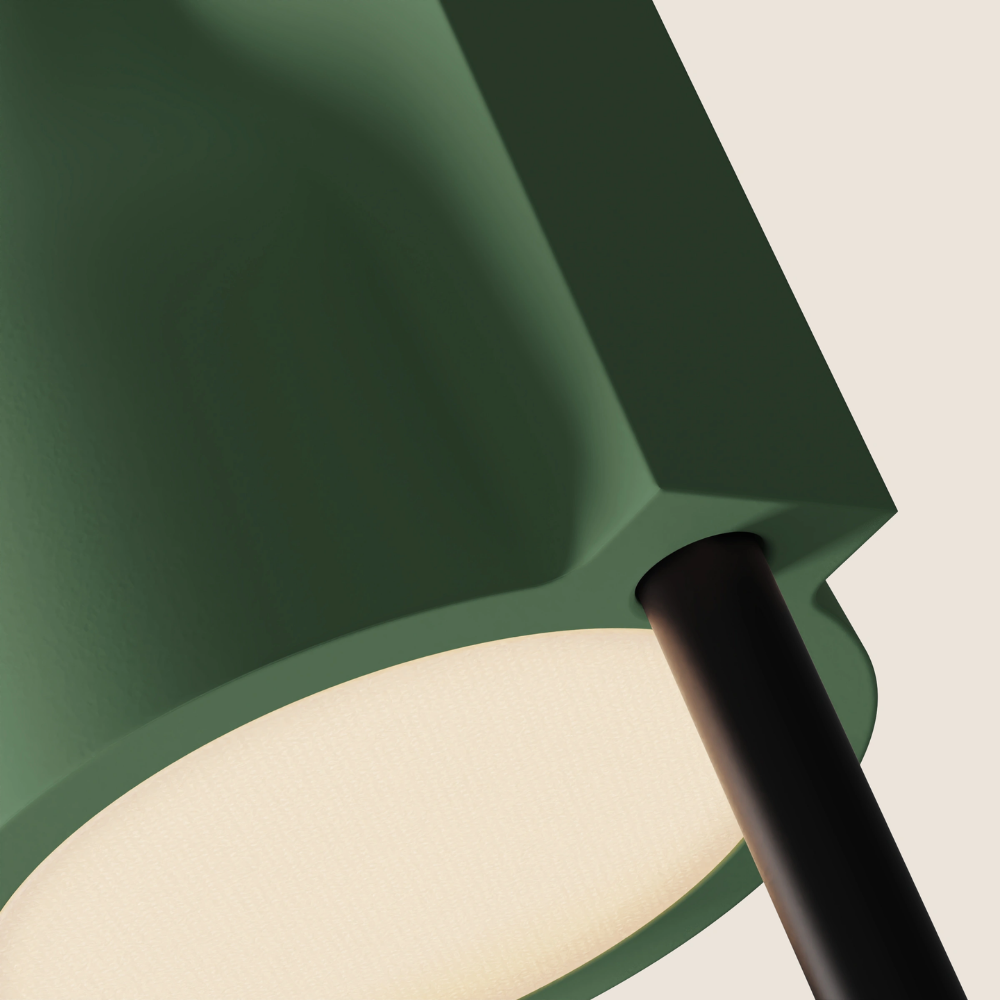 The sage Carve Floor Light from Gantri with the black rod option close up.