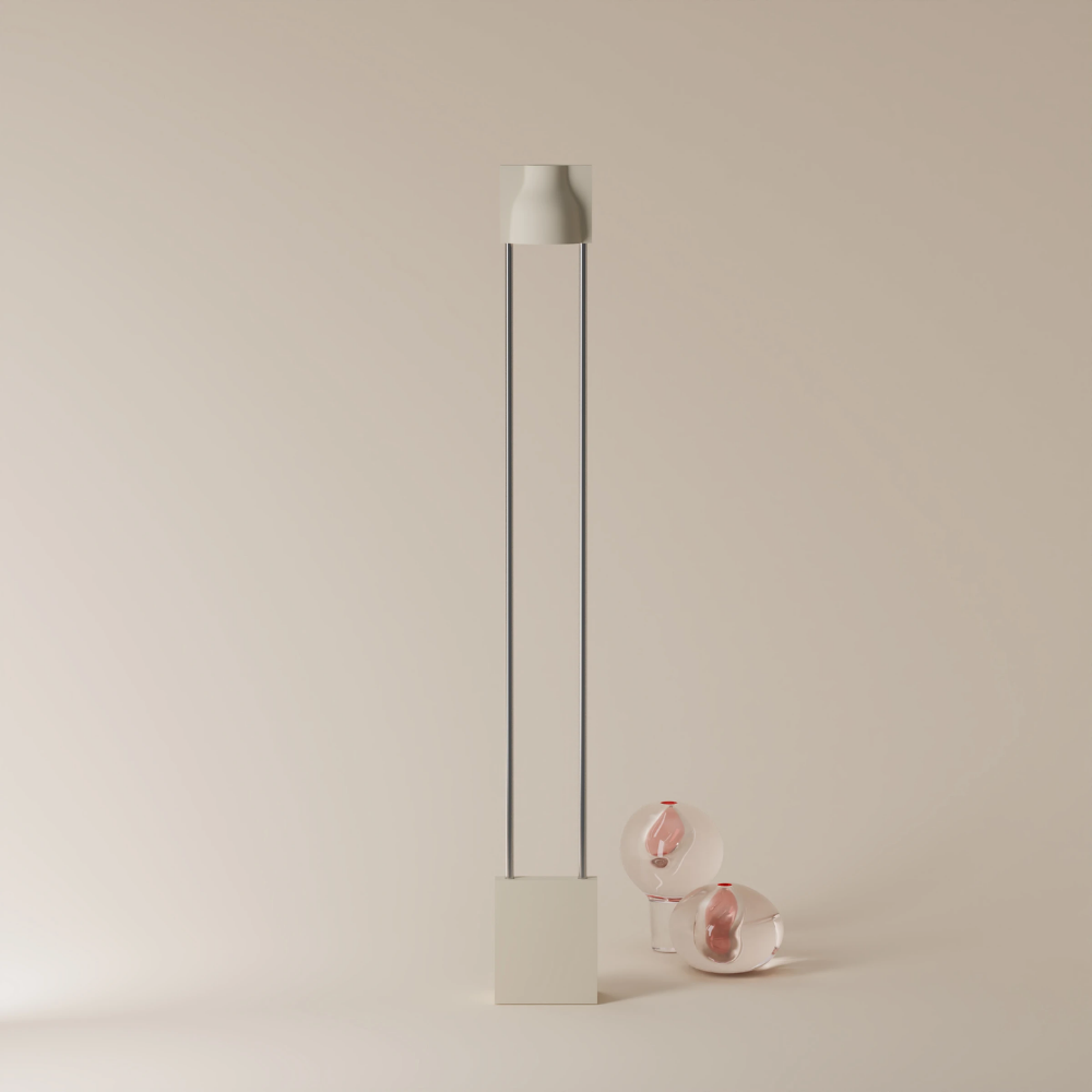 The sand Carve Floor Light from Gantri with the chrome rod option.