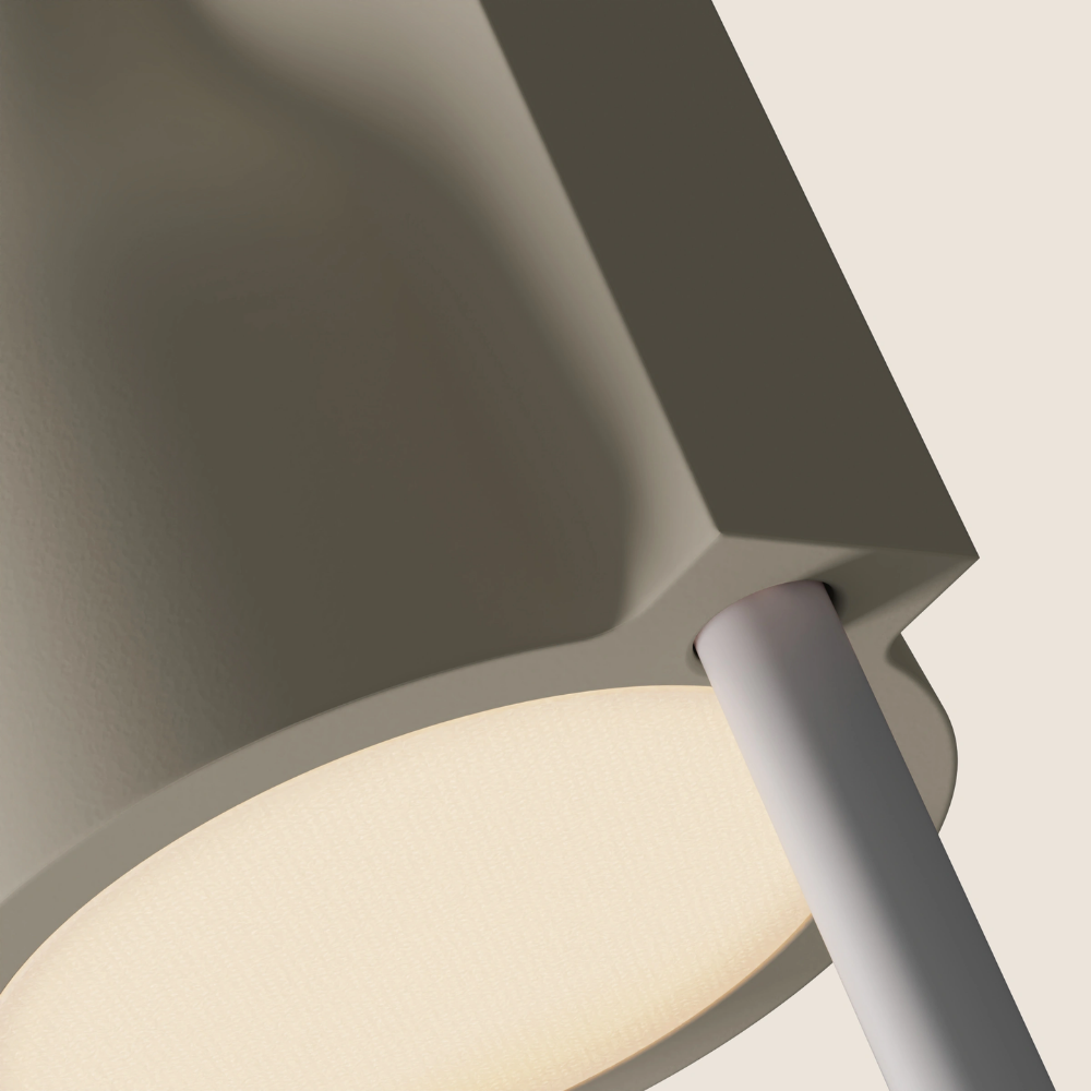 The sand Carve Floor Light from Gantri with the white rod option close up.