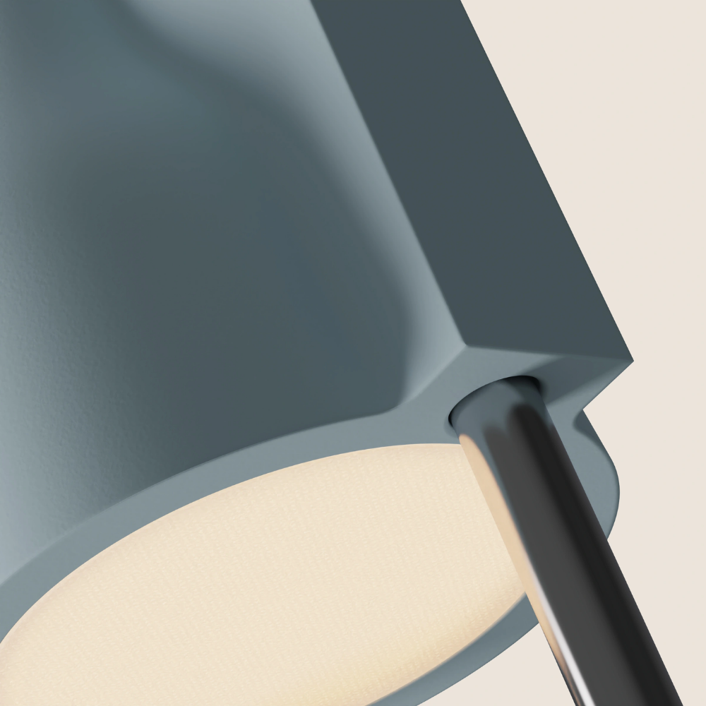 The sky Carve Floor Light from Gantri with the chrome rod option close up.