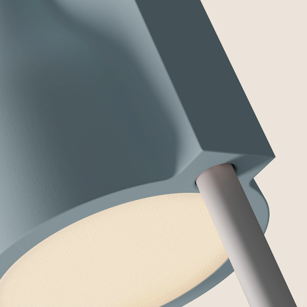 The sky Carve Floor Light from Gantri with the white rod option close up.