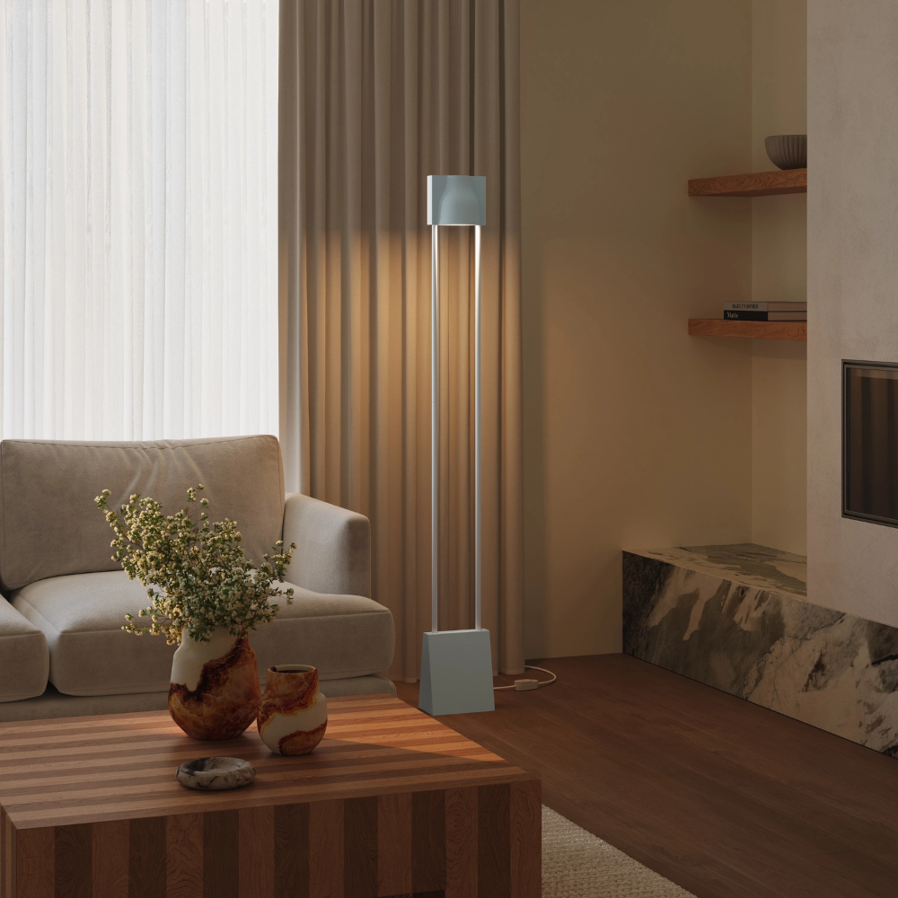 The sky Carve Floor Light from Gantri with the white rod option in a living space.