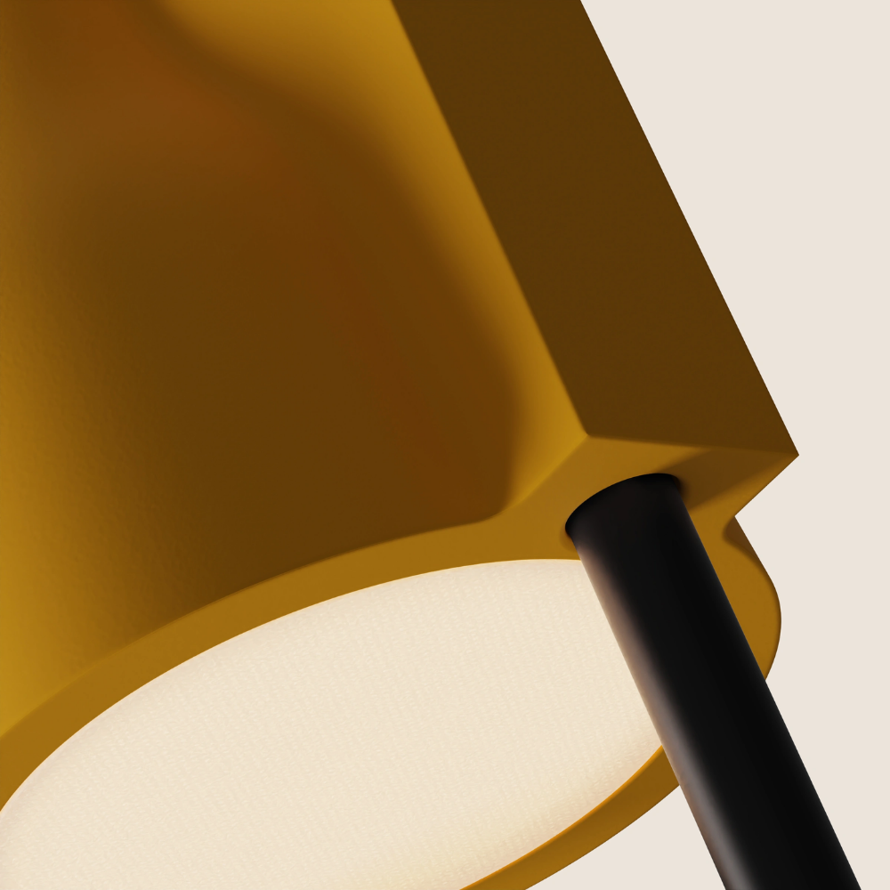 The sunrise Carve Floor Light from Gantri with the black rod option close up.