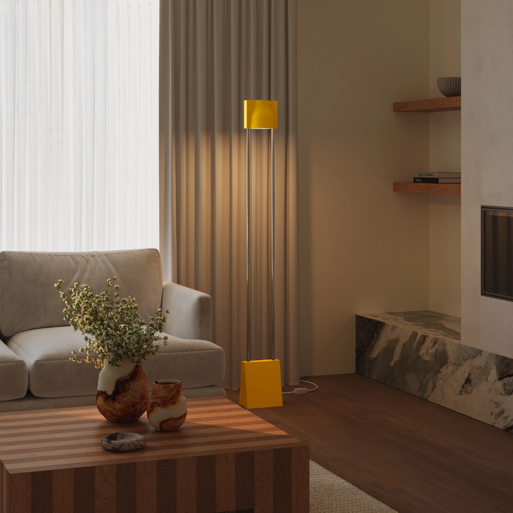 The sunrise Carve Floor Light from Gantri with the chrome rod option in a family space.