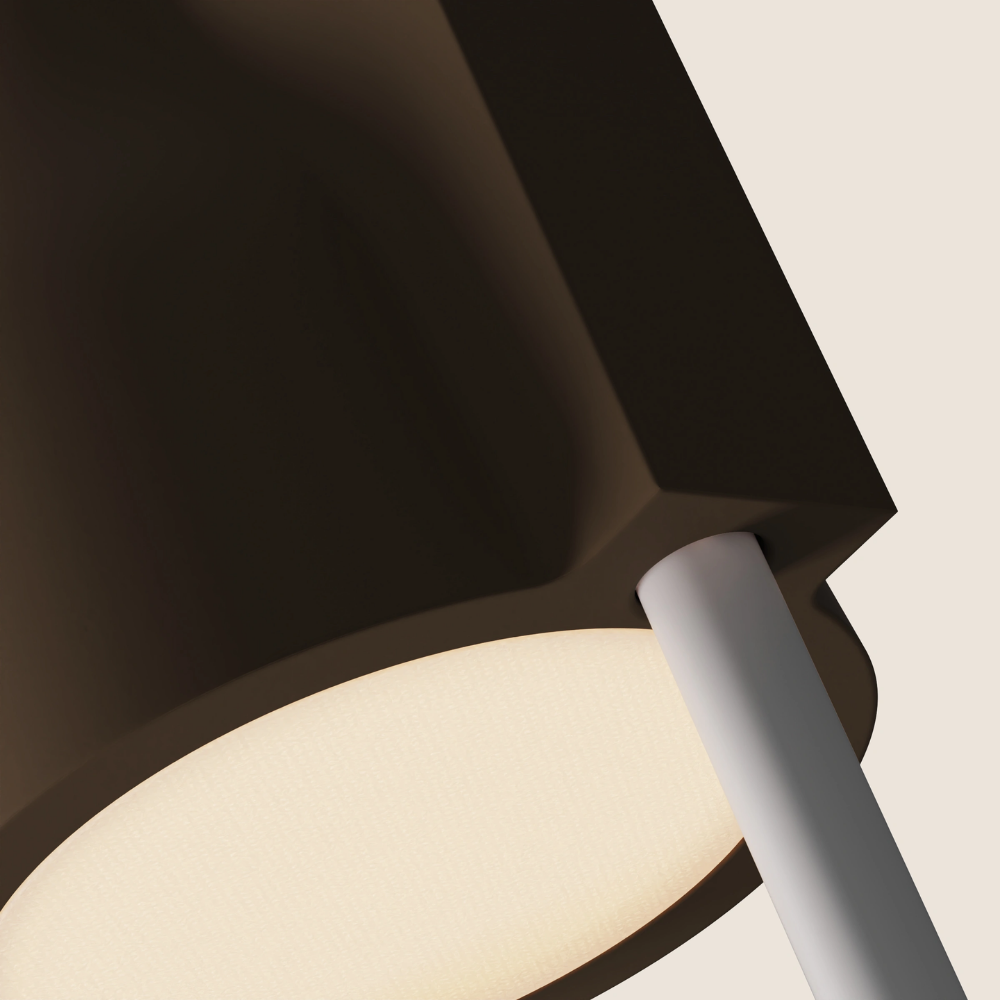 The walnut Carve Floor Light from Gantri with the white rod option close up.