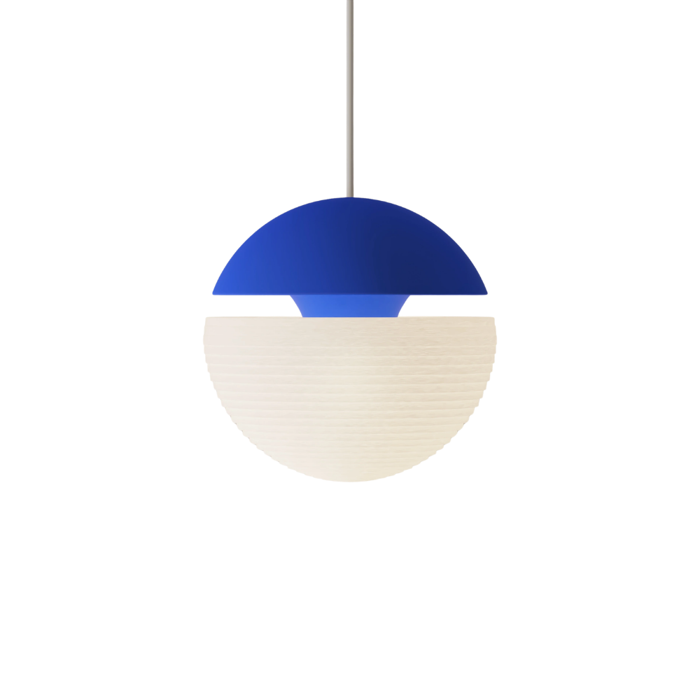 The cobalt Cora Pendant Light from Gantri with the white cord.