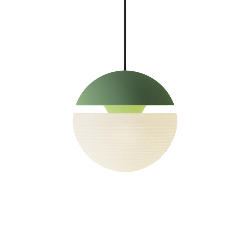 The sage Cora Pendant Light from Gantri with the black cord.