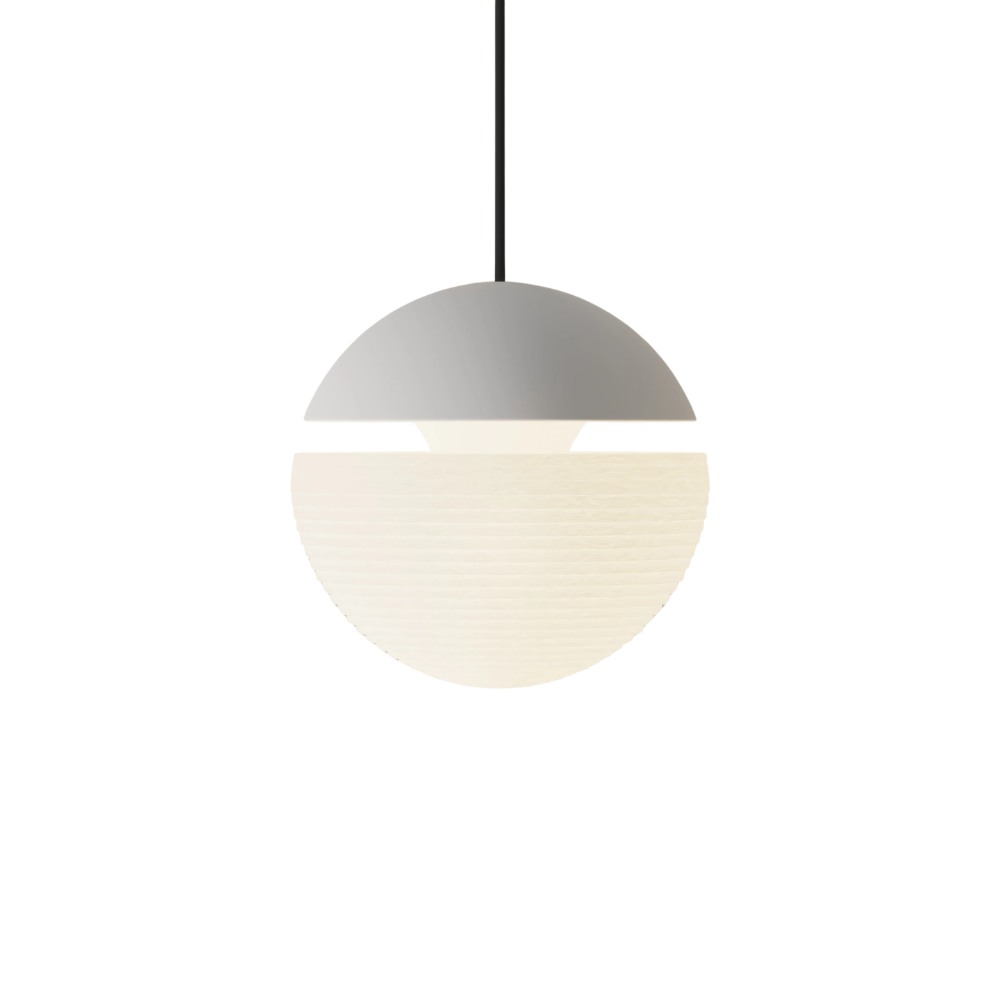 The snow Cora Pendant Light from Gantri with the black cord.