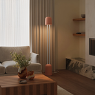 The blossom Gio Floor Light from Gantri with the white rod option in a lounge area for entertaining.