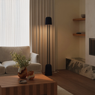 The carbon Gio Floor Light from Gantri with the black rod option in a living room near a couch.