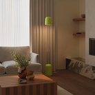 The sprout Gio Floor Light from Gantri with the chrome rod option in a family space beside a sofa.