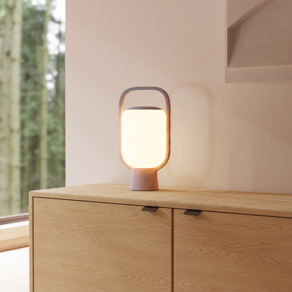 The fog Kero Table Light from Gantri in a living room.