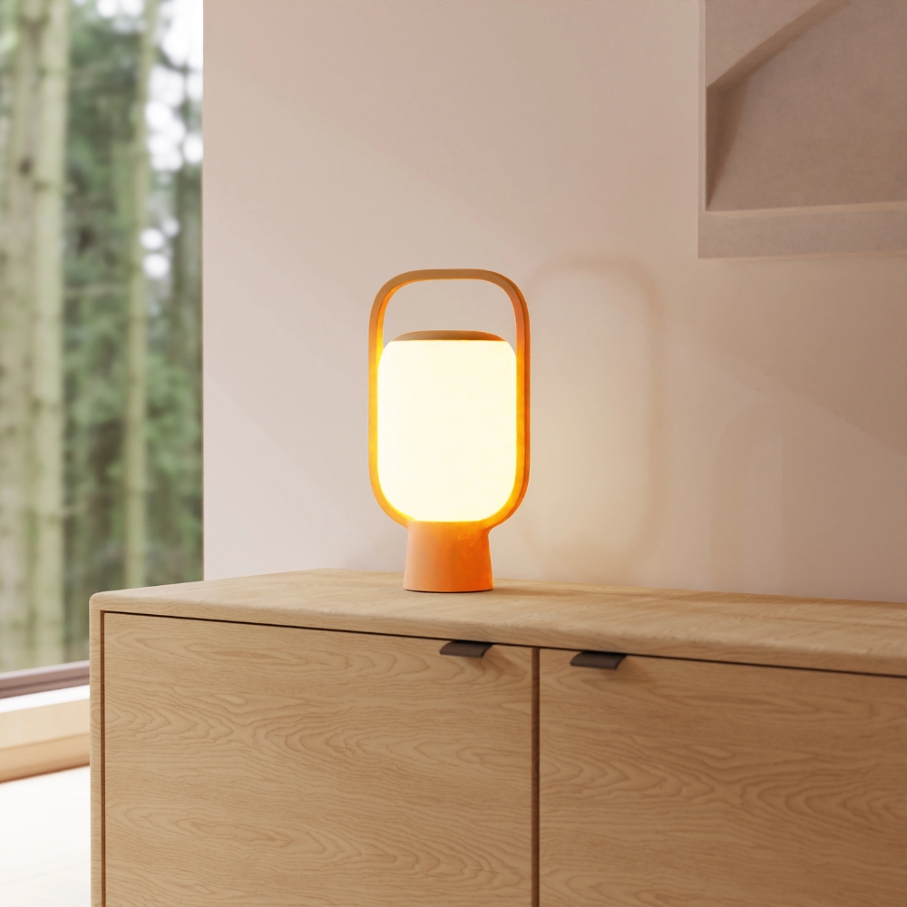 The mustard Kero Table Light from Gantri in a living room.