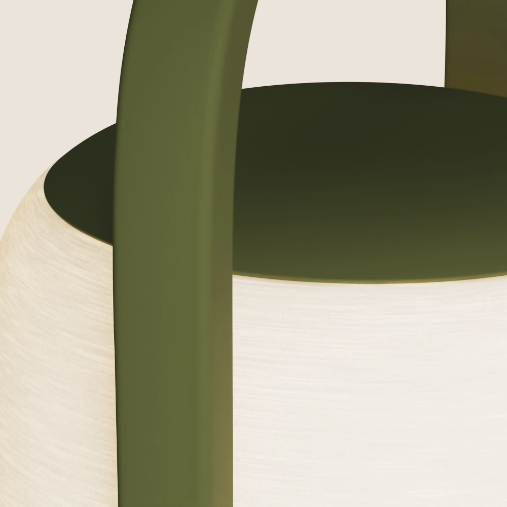 The olive Kero Table Light from Gantri close up.