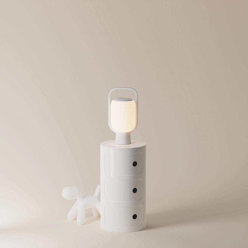 The snow Kero Table Light from Gantri in a home office.
