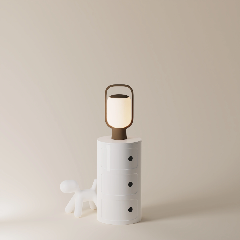 The walnut Kero Table Light from Gantri in a home office.