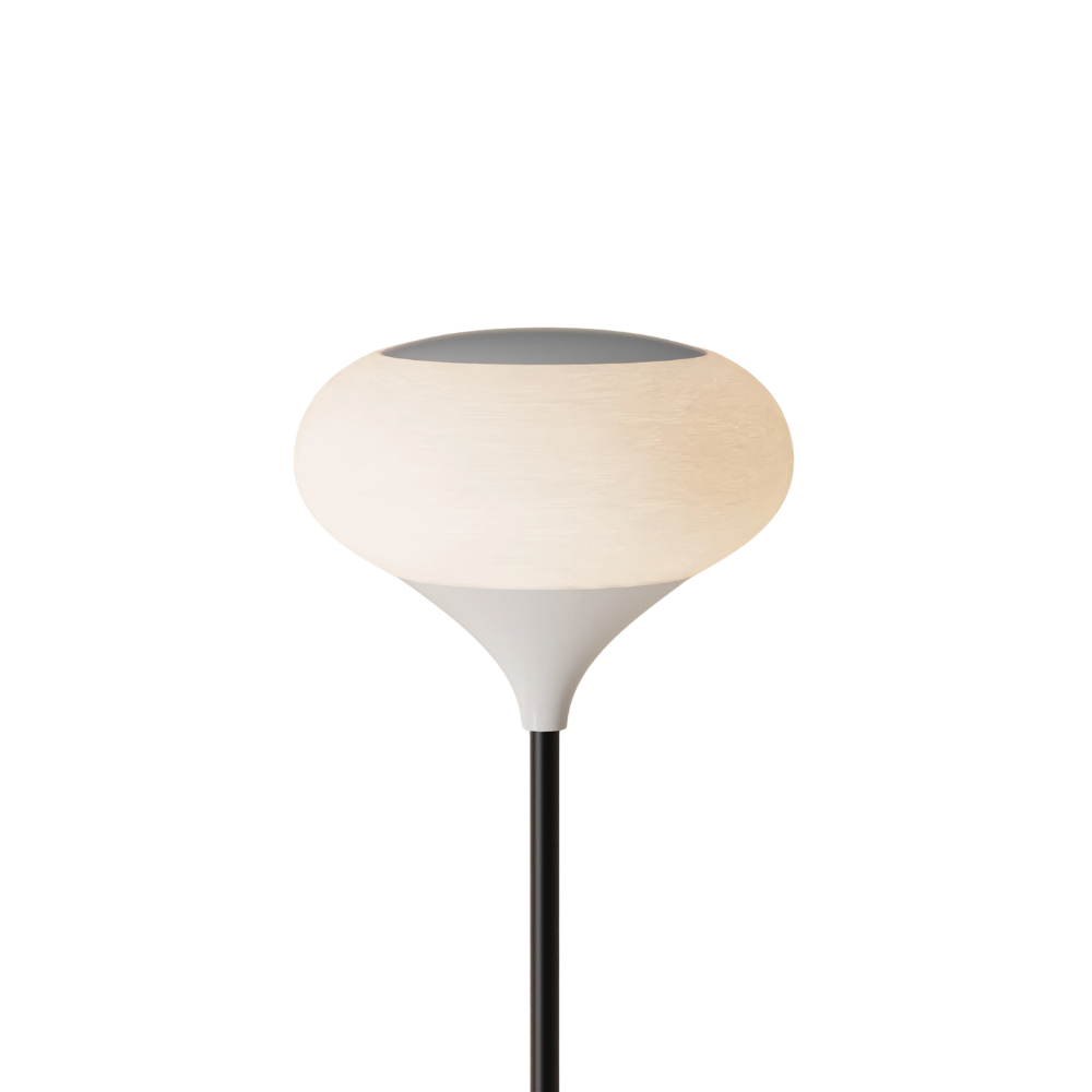 The glossy snow Kobble Floor Light from Gantri with the black rod option.