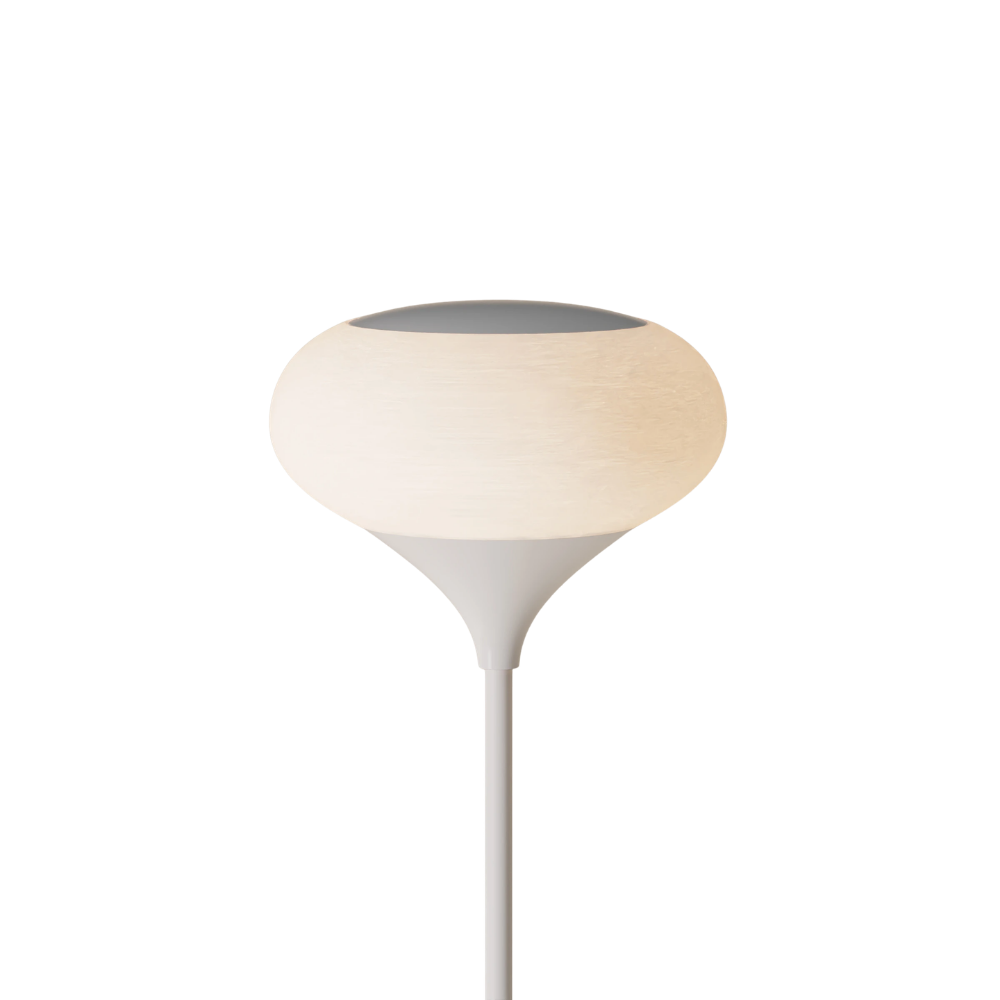 The glossy snow Kobble Floor Light from Gantri with the white rod option.