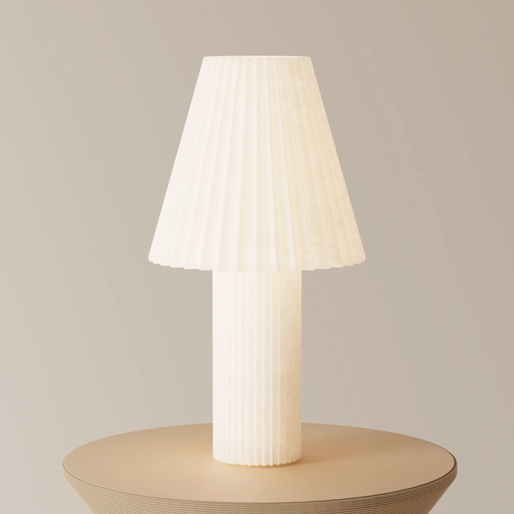 The Pleat Table Light from Gantri in a primary bedroom.