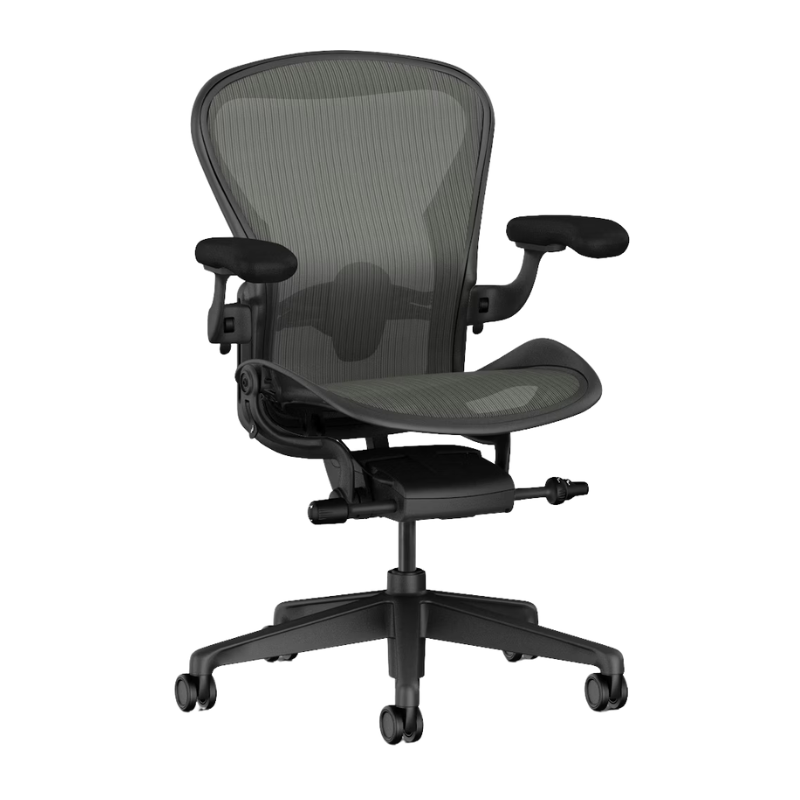 The Aeron Chair from Herman Miller with the adjustable lumbar support support in graphite and graphite from the front.