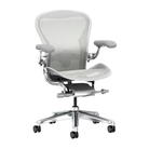 The Aeron Chair from Herman Miller with the adjustable lumbar support support in mineral and polished aluminum from the front.