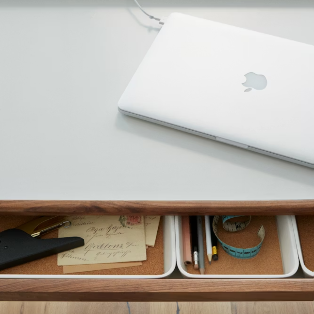 The Airia Desk from Herman Miller showing the storage close up.