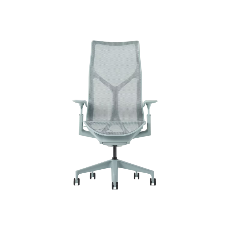 The glacier Cosm Office Chair with high back and adjustable arms from Herman Miller features auto-harmonic tilt and a flexible frame.