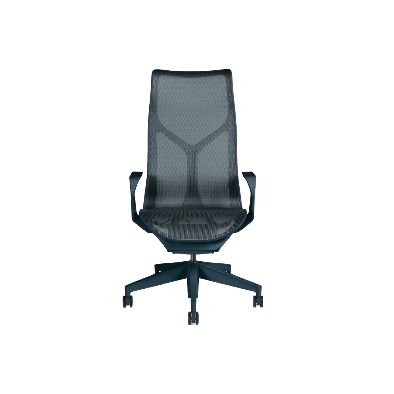 The nightfall Cosm Office Chair with high back and fixed arms from Herman Miller features auto-harmonic tilt and a flexible frame.