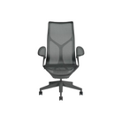 The graphite Cosm Office Chair with high back and leaf arms from Herman Miller features auto-harmonic tilt and a flexible frame.