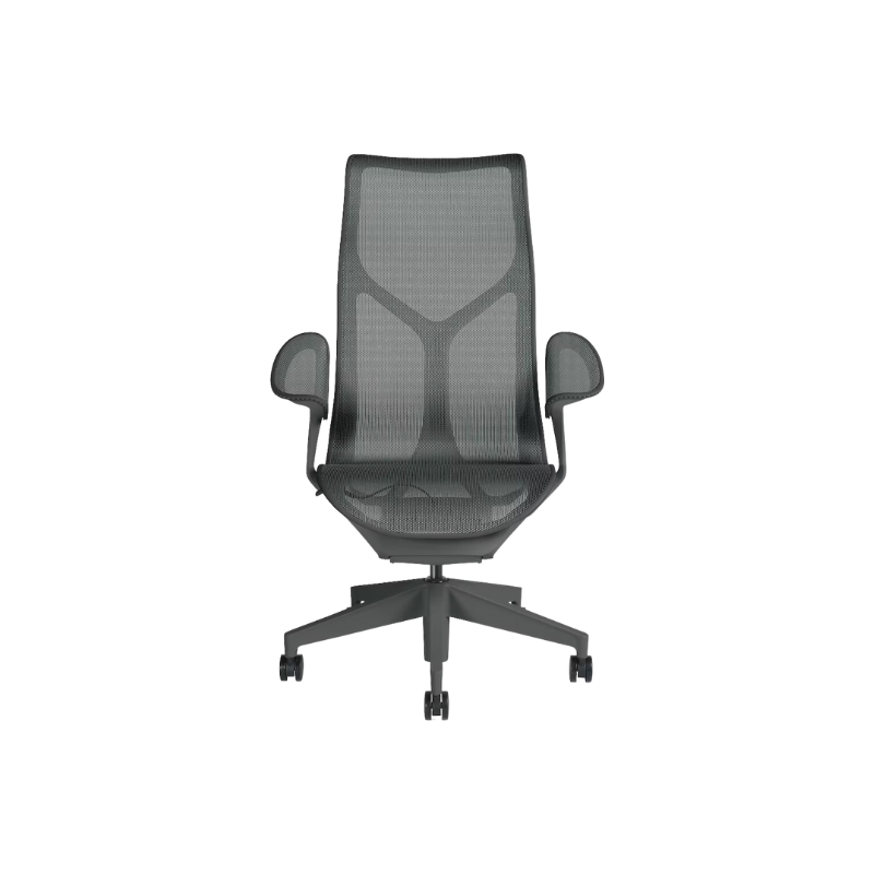 The graphite Cosm Office Chair with high back and leaf arms from Herman Miller features auto-harmonic tilt and a flexible frame.