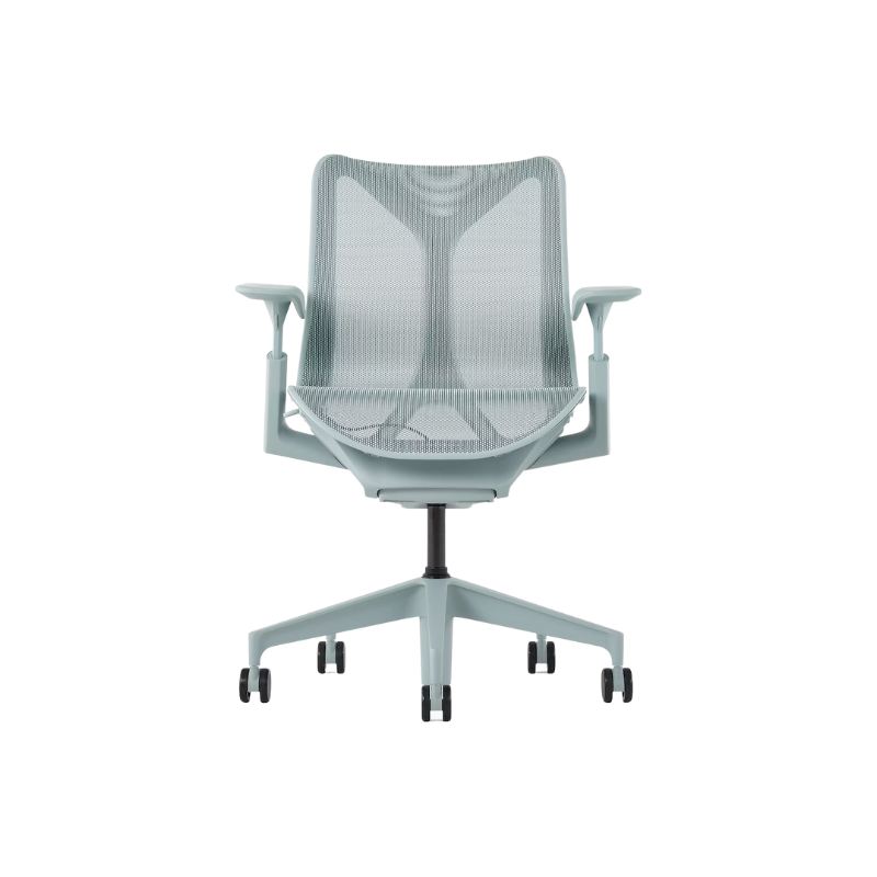 The glacier Cosm Office Chair with low back and adjustable arms from Herman Miller features auto-harmonic tilt and a flexible frame.