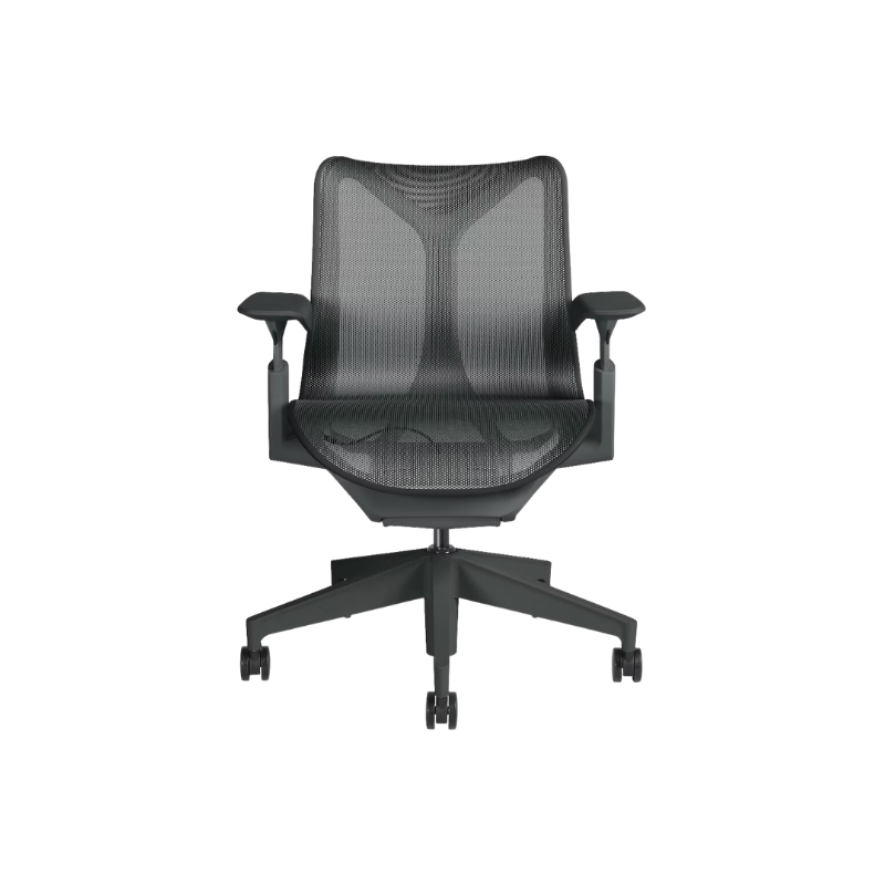 The graphite Cosm Office Chair with low back and adjustable arms from Herman Miller features auto-harmonic tilt and a flexible frame.