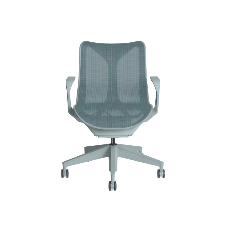The glacier Cosm Office Chair with low back and fixed arms from Herman Miller features auto-harmonic tilt and a flexible frame.