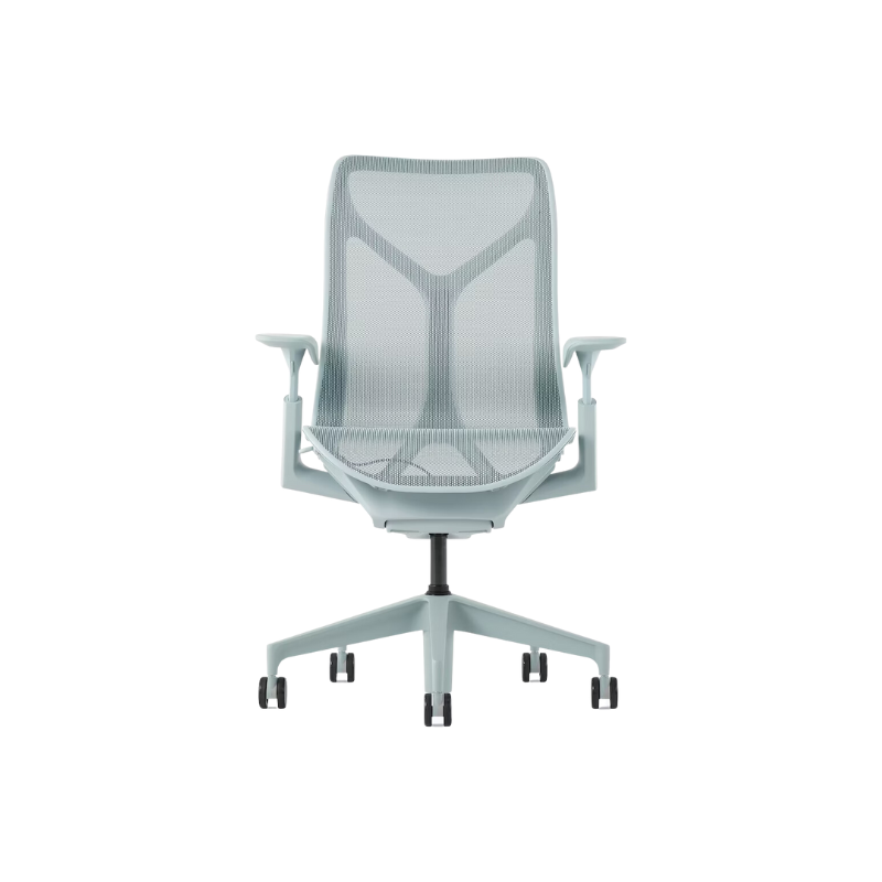 The glacier Cosm Office Chair with mid back and adjustable arms from Herman Miller features auto-harmonic tilt and a flexible frame.