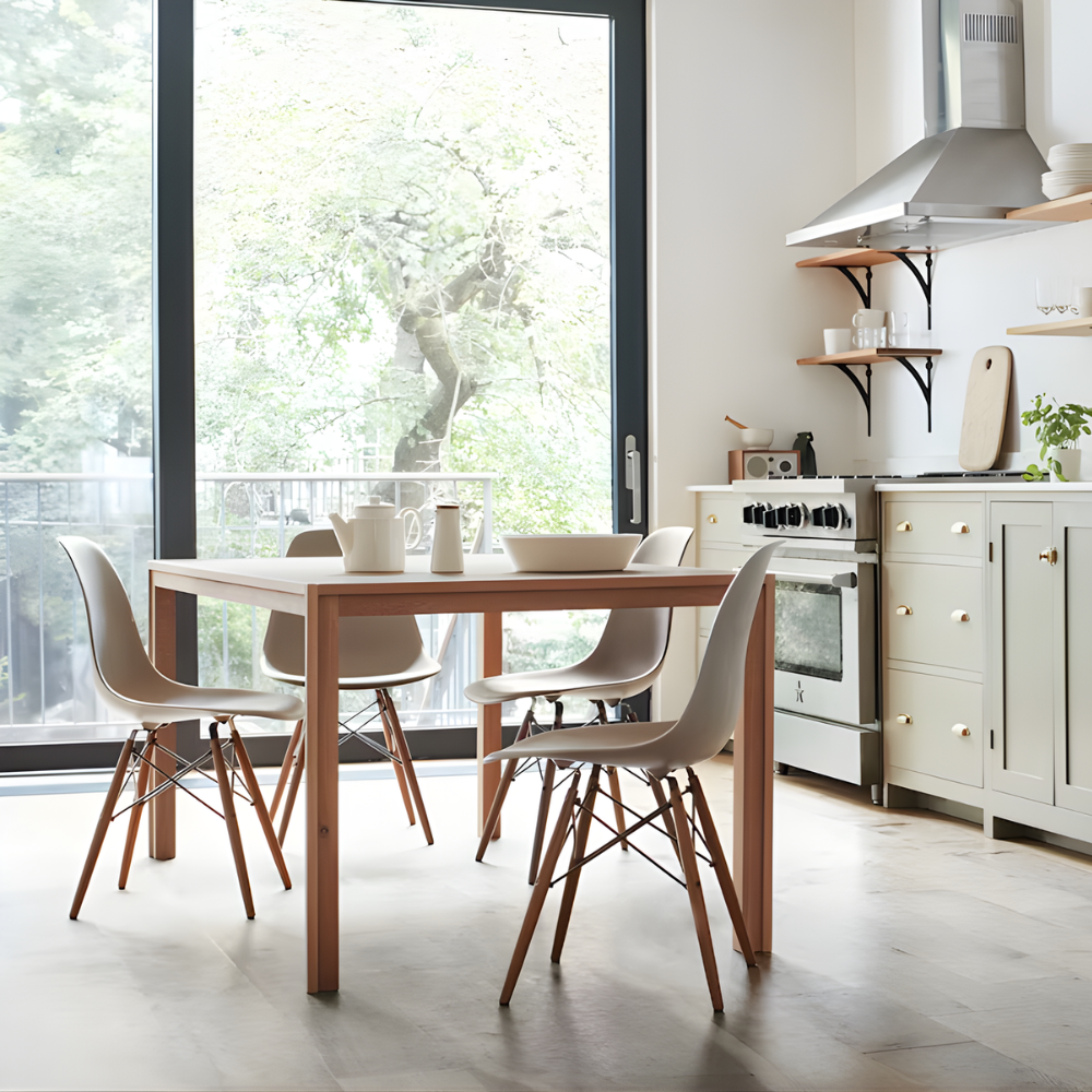 The oak Doubleframe Table from Herman Miller in a kitchen space.